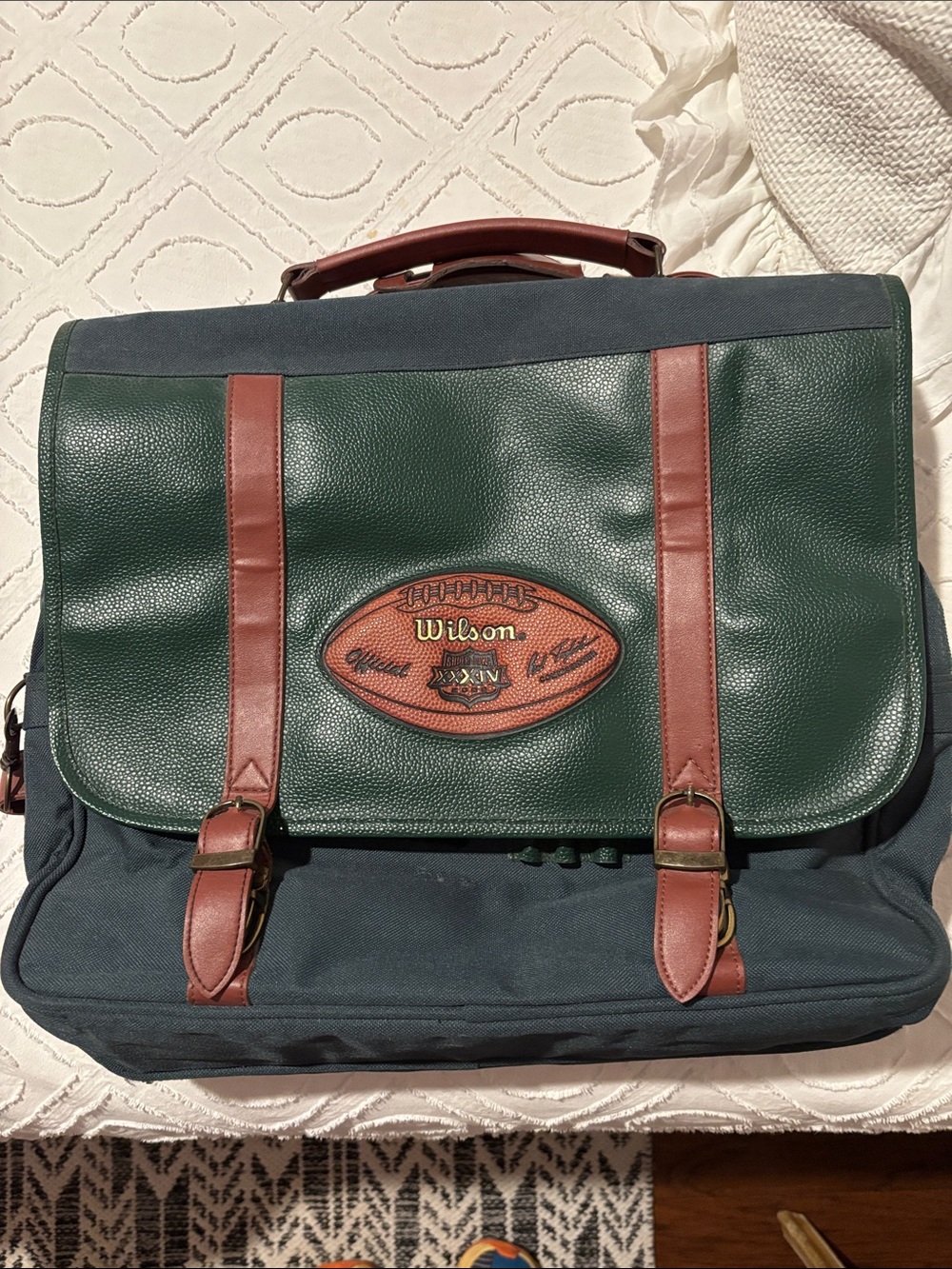 Super Bowl XXXIV Men's Green & Navy Leather-Trim Messenger Bag